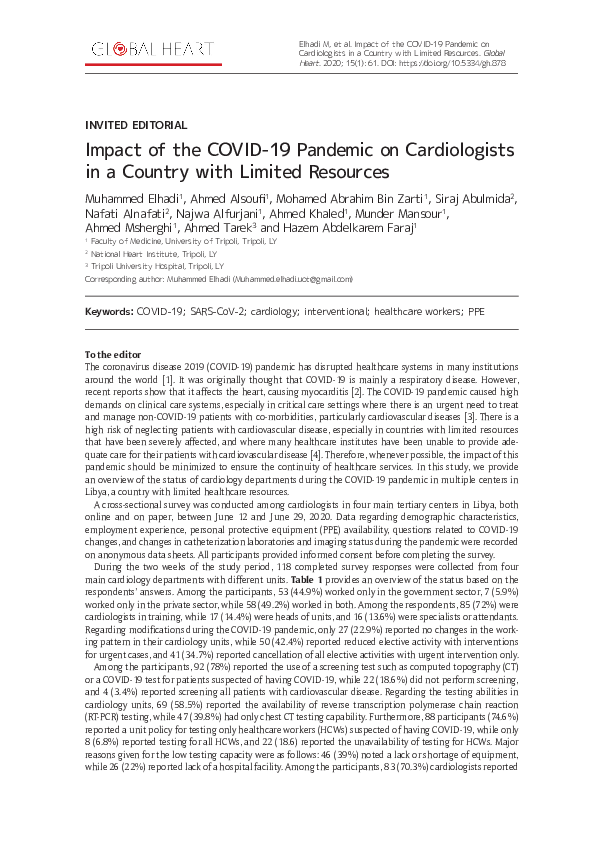 (PDF) Impact of the COVID-19 Pandemic on Cardiologists in a Country ...