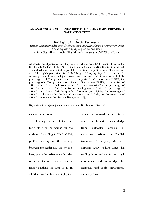 (PDF) An analysis of students’ difficulties in comprehending narrative text