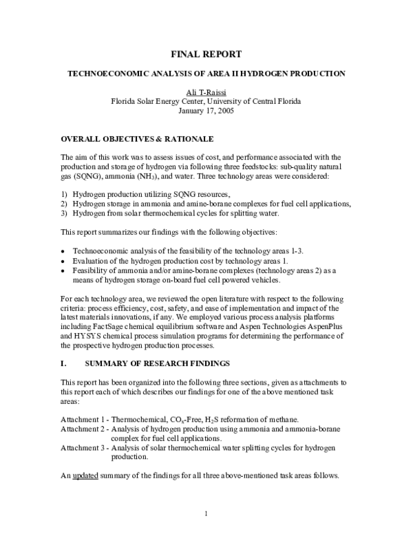 (PDF) Final Report Technoeconomic Analysis of Area II Hydrogen Production