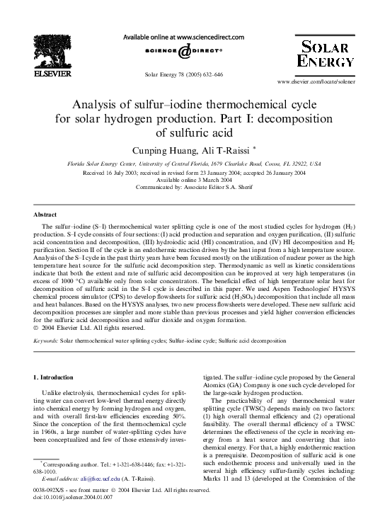 (PDF) Analysis of sulfur–iodine thermochemical cycle for solar hydrogen ...