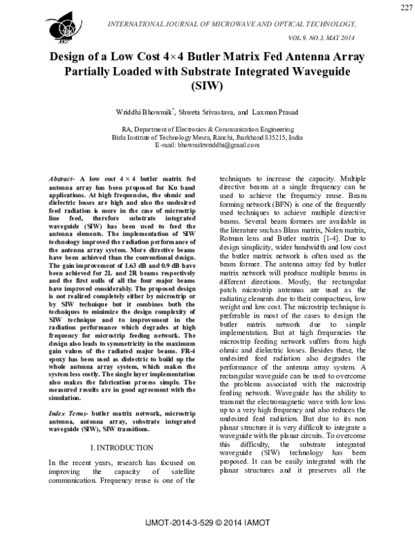 (PDF) Design of a Low Cost 4× 4 Butler Matrix Fed Antenna Array ...