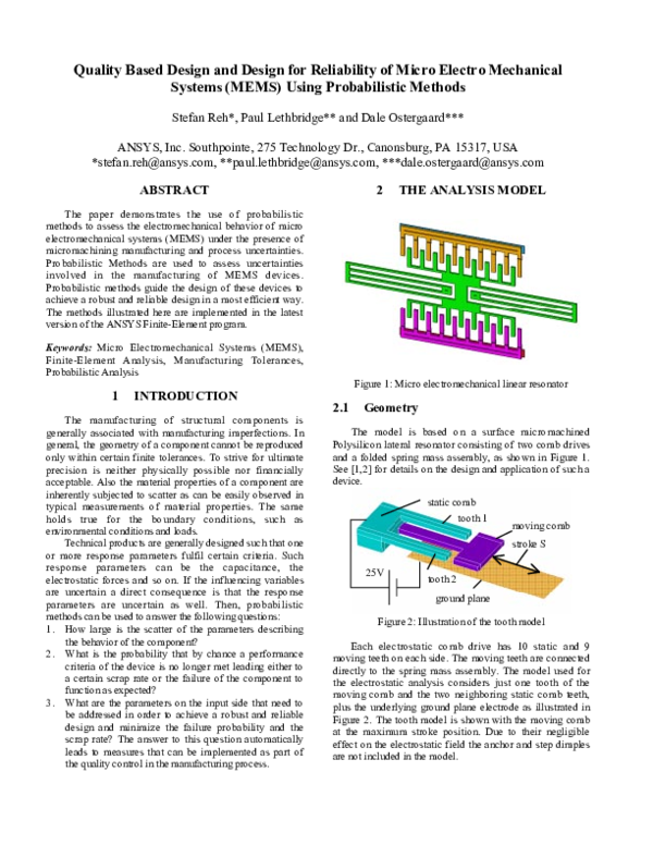 (PDF) Quality Based Design and Design for Reliability of Micro Electro ...