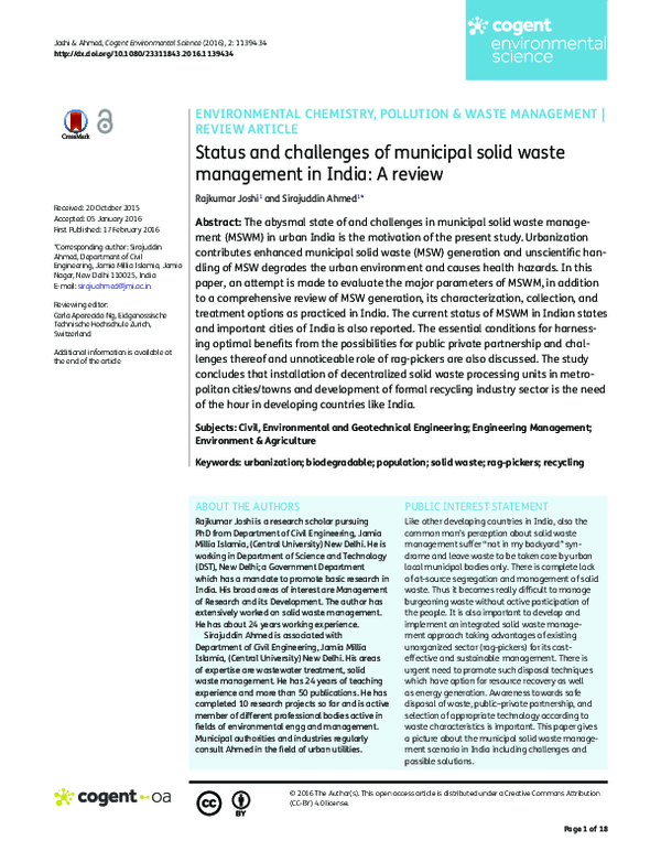 (PDF) Status and challenges of municipal solid waste management in ...