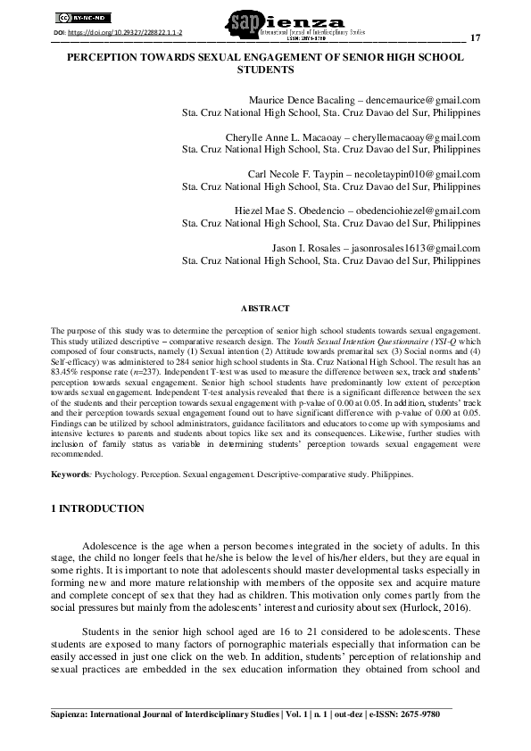 (PDF) Perception Towards Sexual Engagement of Senior High School Students
