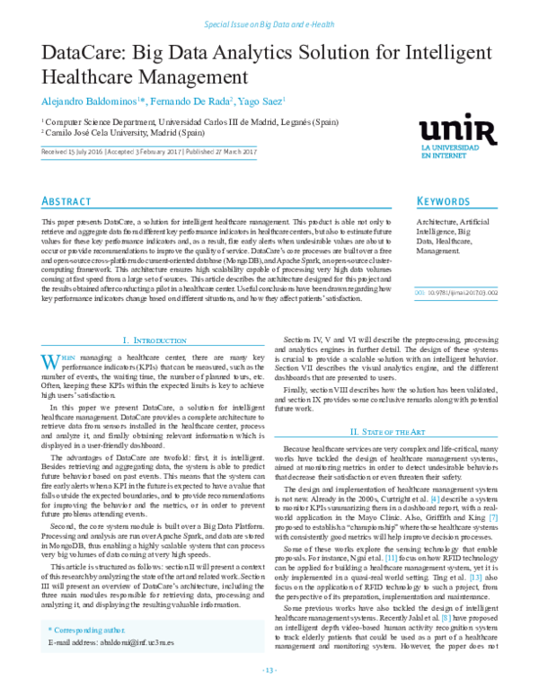 (PDF) DataCare Big Data Analytics Solution for Intelligent Healthcare ...