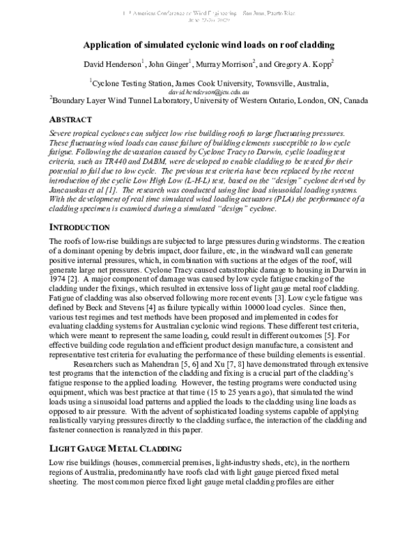 (PDF) Application of simulated cyclonic wind loads on roof cladding