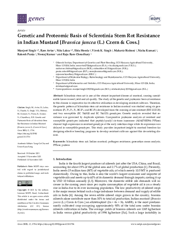 (PDF) Genetic and Proteomic Basis of Sclerotinia Stem Rot Resistance in ...