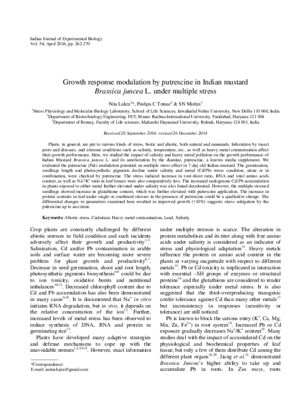 Growth response modulation by putrescine in Indian mustard Brassica juncea L. under multiple stress