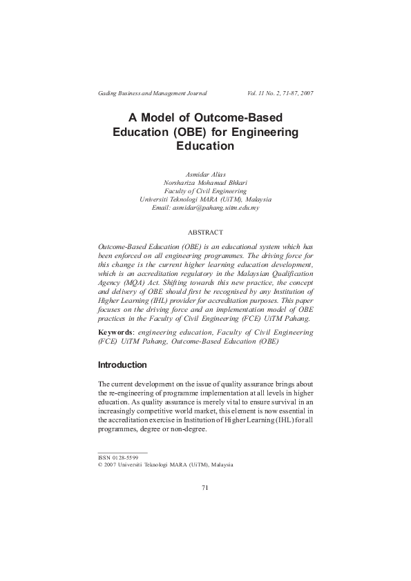 (PDF) A Model of Outcome-Based Education (OBE) for Engineering Education