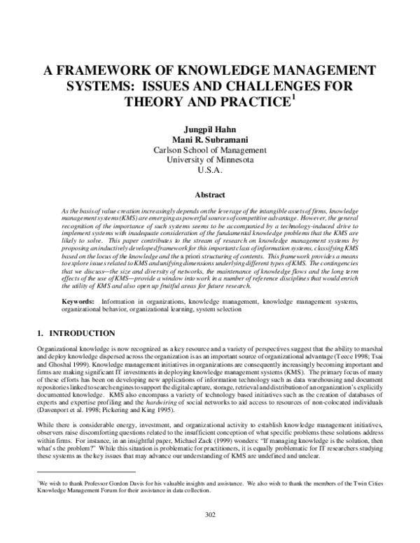 (PDF) A framework of knowledge management systems: issues and ...