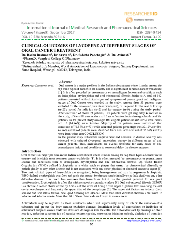 (PDF) Clinical of Lycopene at Different Stages of Oral Cancer