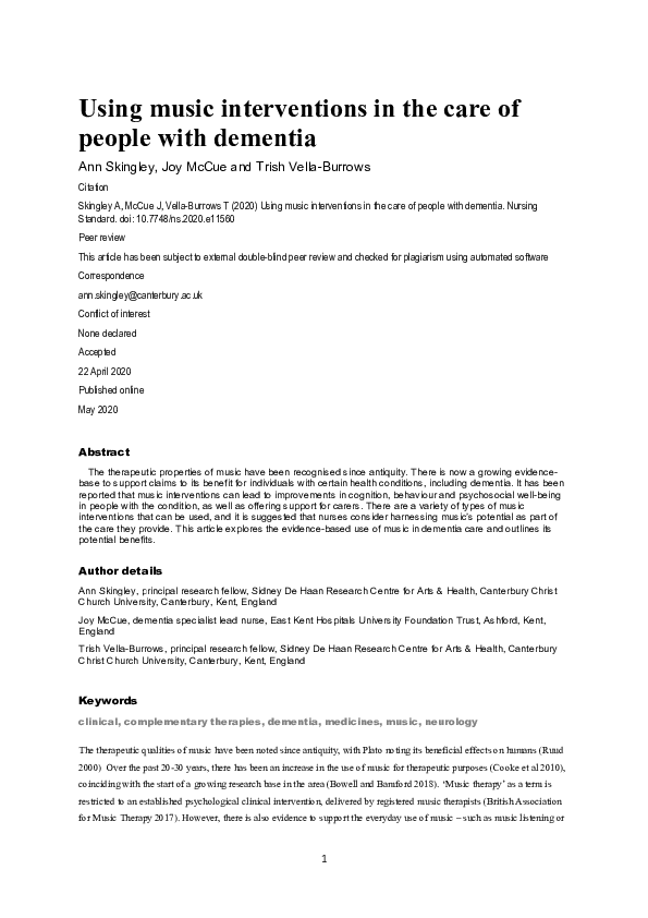 (PDF) Using music interventions in the care of people with dementia