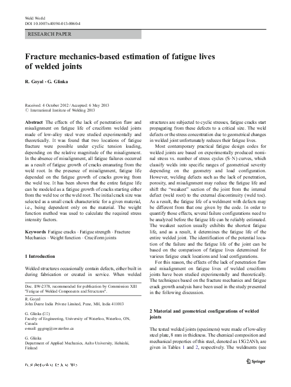 (PDF) Fracture mechanics-based estimation of fatigue lives of welded joints