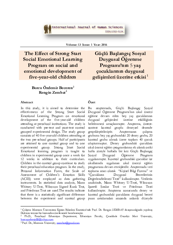 (PDF) The Effect of Strong Start Social Emotional Learning Program on ...