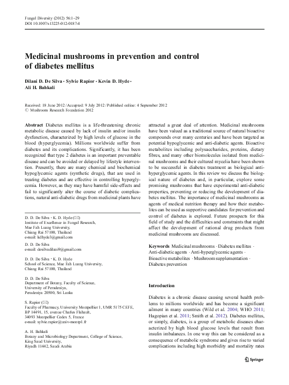 (PDF) Medicinal mushrooms in prevention and control of diabetes mellitus Sylvie Rapior