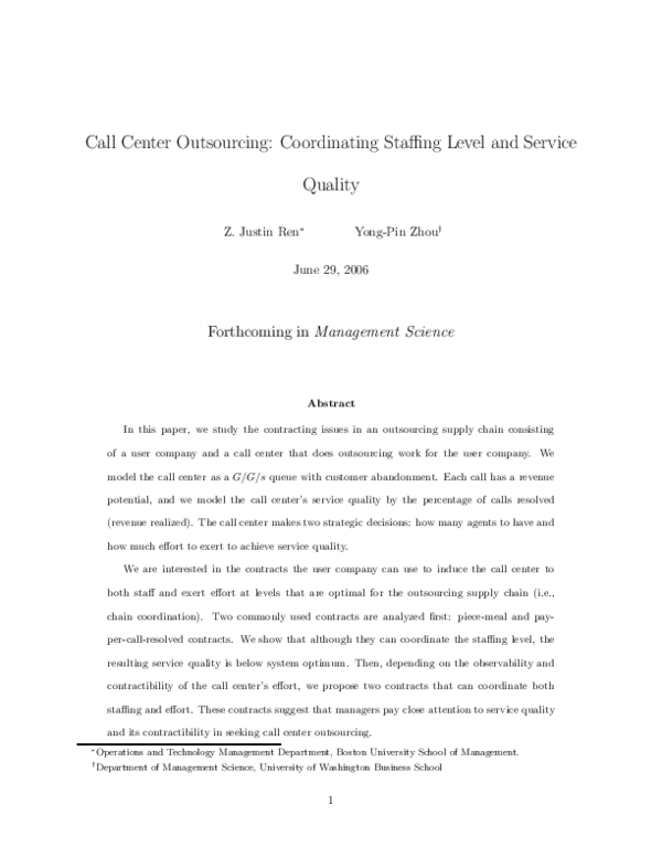 (PDF) Call center outsourcing Coordinating staffing level and service