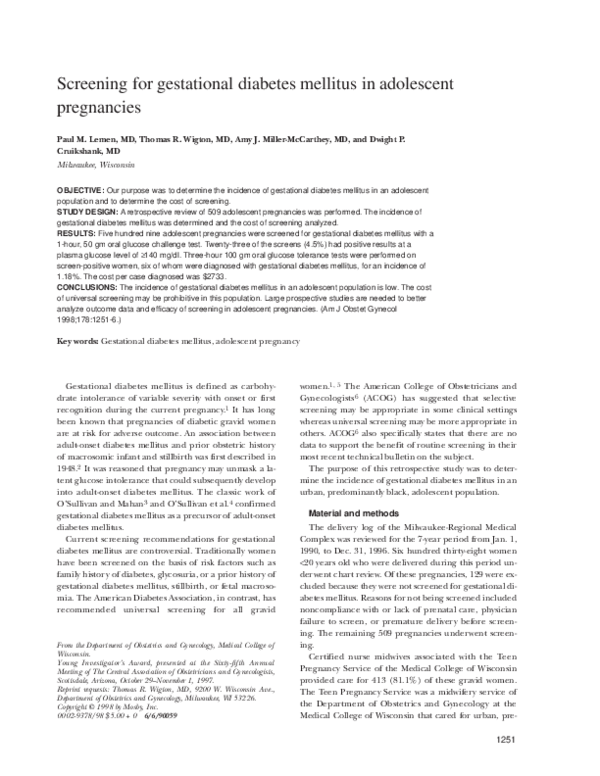 (PDF) Screening for gestational diabetes mellitus in adolescent pregnancies