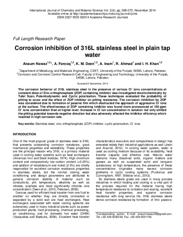 (PDF) Corrosion inhibition of 316L stainless steel in plain tap water