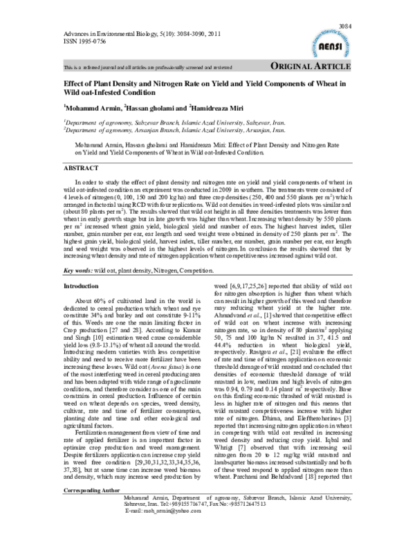 (PDF) Effect of Plant Density and Nitrogen Rate on Yield and Yield ...