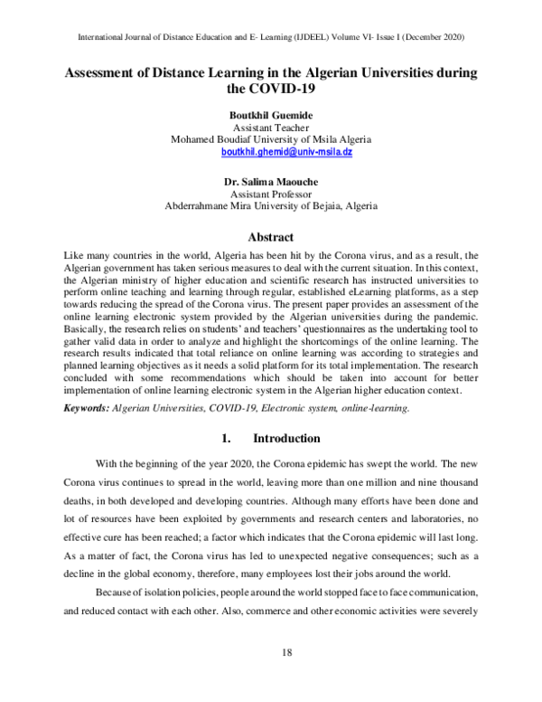 (PDF) Assessment of Distance Learning in the Algerian Universities ...