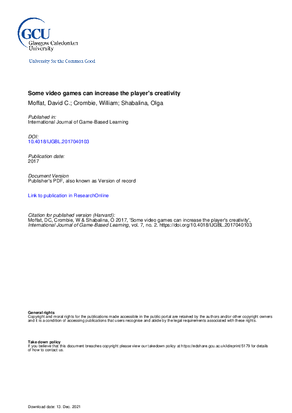 (PDF) Some Video Games Can Increase the Player's Creativity
