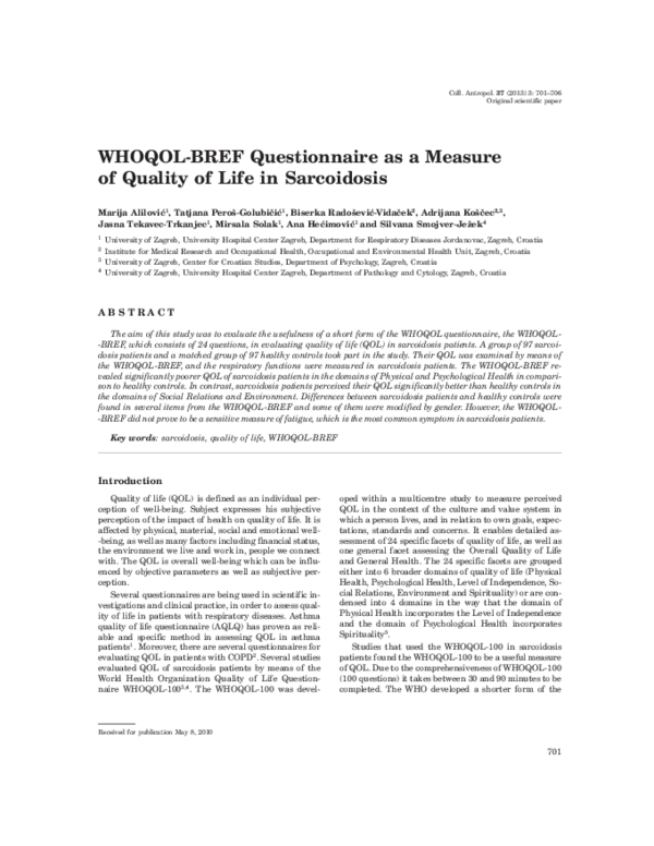 (PDF) WHOQOL-bREF questionnaire as a measure of quality of life in ...