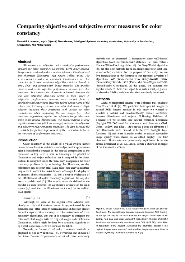 (PDF) Comparing objective and subjective error measures for color constancy