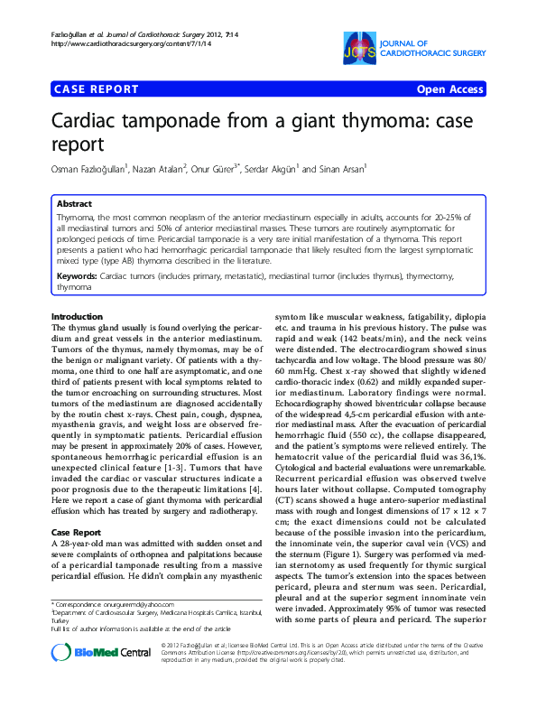 (PDF) Cardiac tamponade from a giant thymoma case report Sinan Arsan