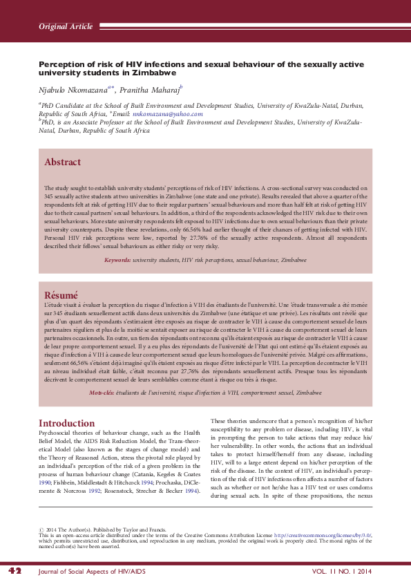(PDF) Perception of risk of HIV infections and sexual behaviour of the ...
