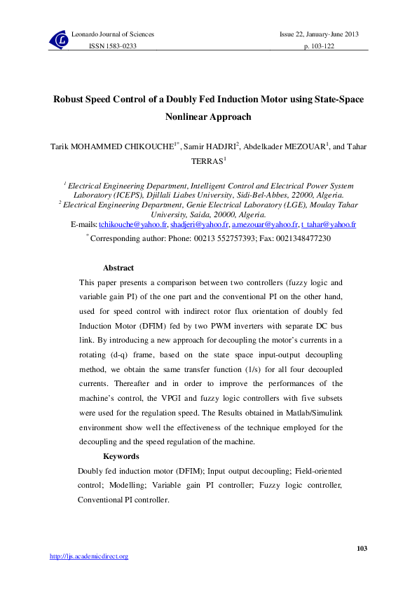 (PDF) Robust Speed Control of a Doubly Fed Induction Motor using State ...