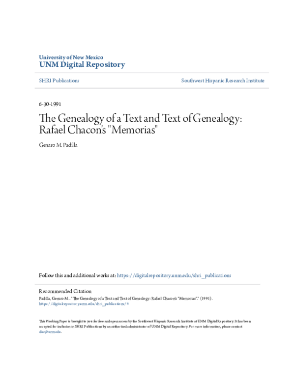 (PDF) The Genealogy of a Text and Text of Genealogy: Rafael Chacon's ...