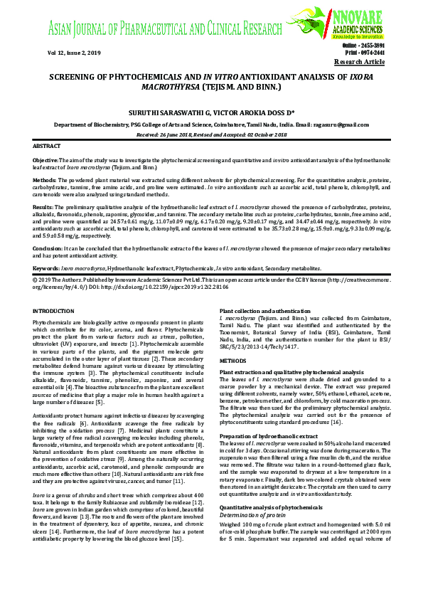 (PDF) Screening of Phytochemicals and in Vitro Antioxidant Analysis of ...