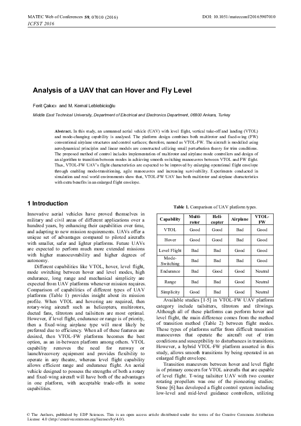 (PDF) Analysis of a UAV that can Hover and Fly Level