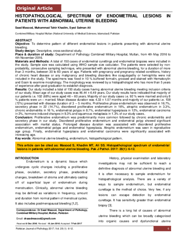 (PDF) Histopathological Spectrum of Endometrial Lesions in Patients ...