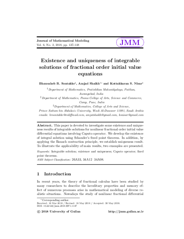 (PDF) Existence and uniqueness of integrable solutions of fractional ...