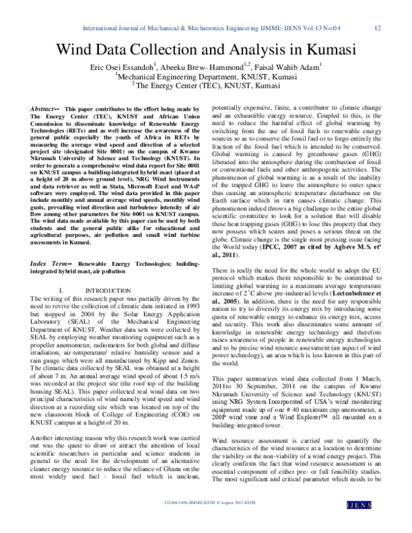 (PDF) Wind Data Collection and Analysis in Kumasi
