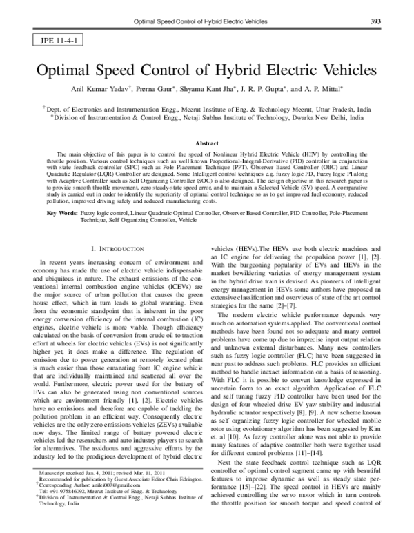 (PDF) Optimal Speed Control of Hybrid Electric Vehicles