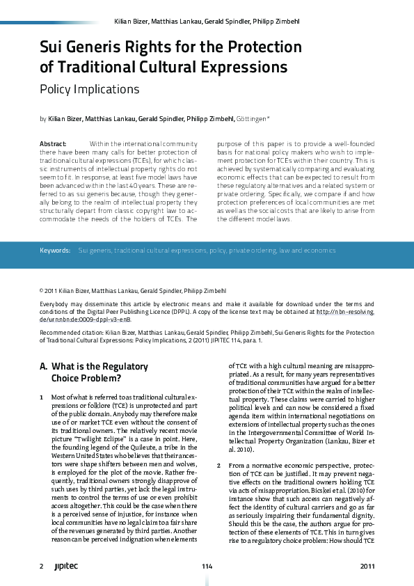 (PDF) Sui Generis Rights for the Protection of Traditional Cultural ...