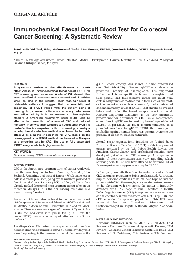(PDF) Immunochemical faecal occult blood test for colorectal cancer ...
