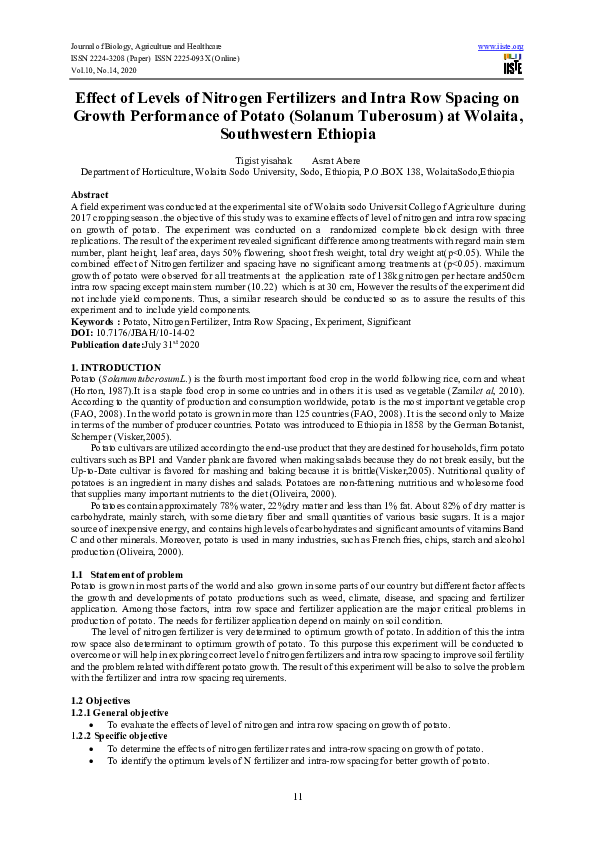(PDF) Effect of Levels of Nitrogen Fertilizers and Intra Row Spacing on ...