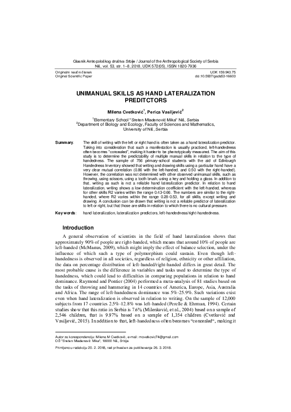(PDF) Unimanual skills as hand lateralization predictors