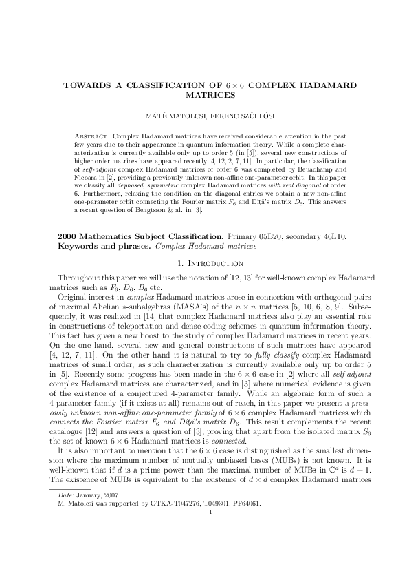 (PDF) Towards a classification of 6× 6 complex Hadamard matrices