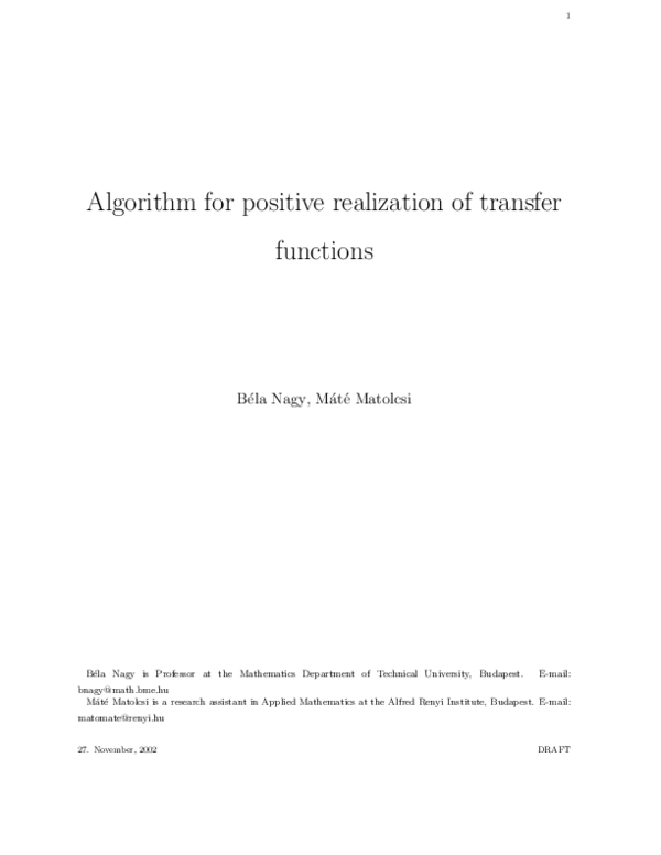 (PDF) Algorithm for positive realization of transfer functions