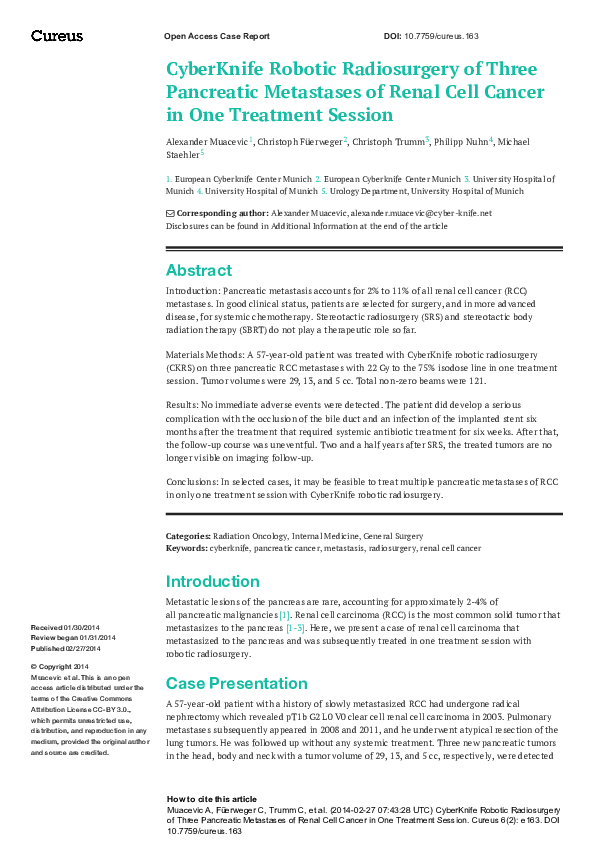 (PDF) CyberKnife Robotic Radiosurgery of Three Pancreatic Metastases of ...