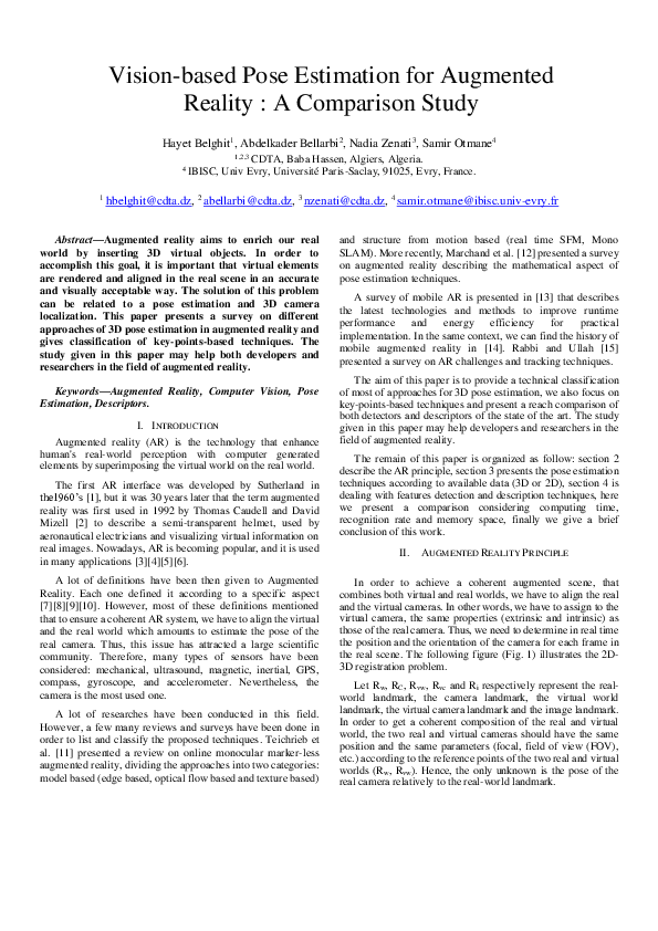 (PDF) Vision-based Pose Estimation for Augmented Reality : A Comparison ...