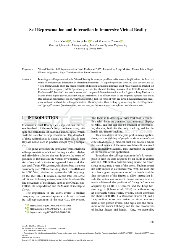 (PDF) Self Representation and Interaction in Immersive Virtual Reality