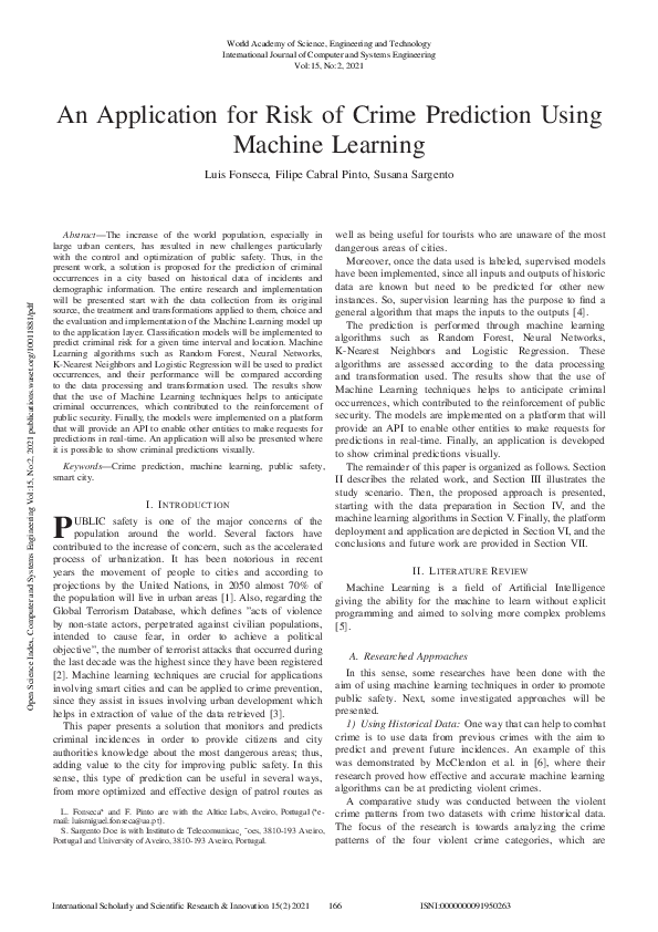 (PDF) An Application for Risk of Crime Prediction Using Machine Learning
