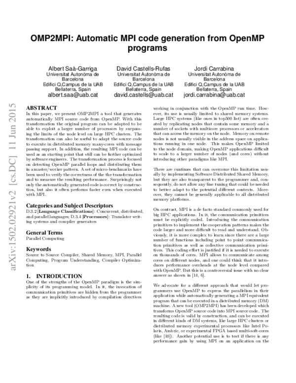 (PDF) OMP2MPI: Automatic MPI code generation from OpenMP programs