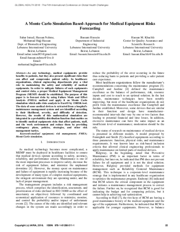 (PDF) A Monte Carlo Simulation Based-Approach for Medical Equipment ...