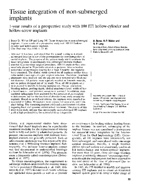 (PDF) Tissue integration of non‐submerged implants. l‐year results of a ...